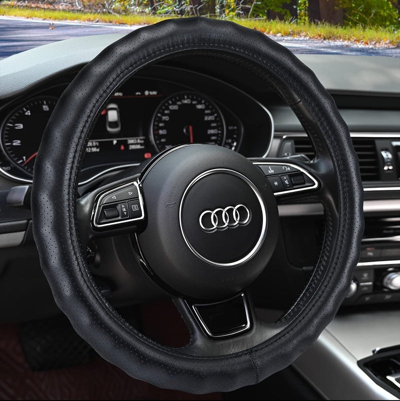 Haokay Heavy Duty Pure Cowhide Steering Wheel Cover, Black Genuine Leather Steering Wheel Cover Men Women Comfort Finger Grips Universal 14.5 to 15 Inch - Image 1