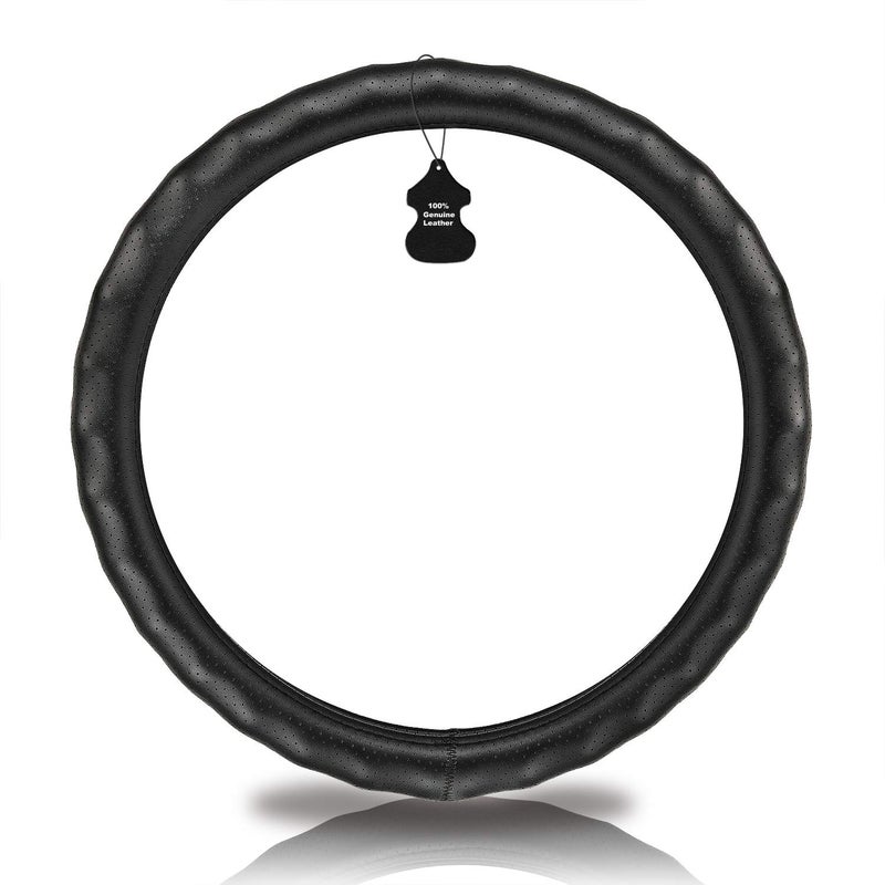 Haokay Heavy Duty Pure Cowhide Steering Wheel Cover, Black Genuine Leather Steering Wheel Cover Men Women Comfort Finger Grips Universal 14.5 to 15 Inch - Image 2