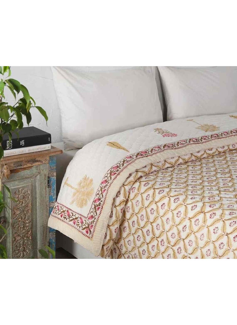 BLOCKS OF JAIPUR BLOCKS OF JAIPUR Original Pure Cotton Jaipuri Razai Hand Block Single Bed Reversible Comforter Lightweight AC Quilt Summer and Winter Bedding Throw Bed Blanket Golden Cypress Tree  - Image 4