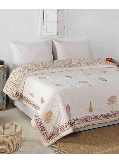 BLOCKS OF JAIPUR Original Pure Cotton Jaipuri Razai Hand Block Single Bed Reversible Comforter Lightweight AC Quilt Summer and Winter Bedding Throw Bed Blanket Golden Cypress Tree