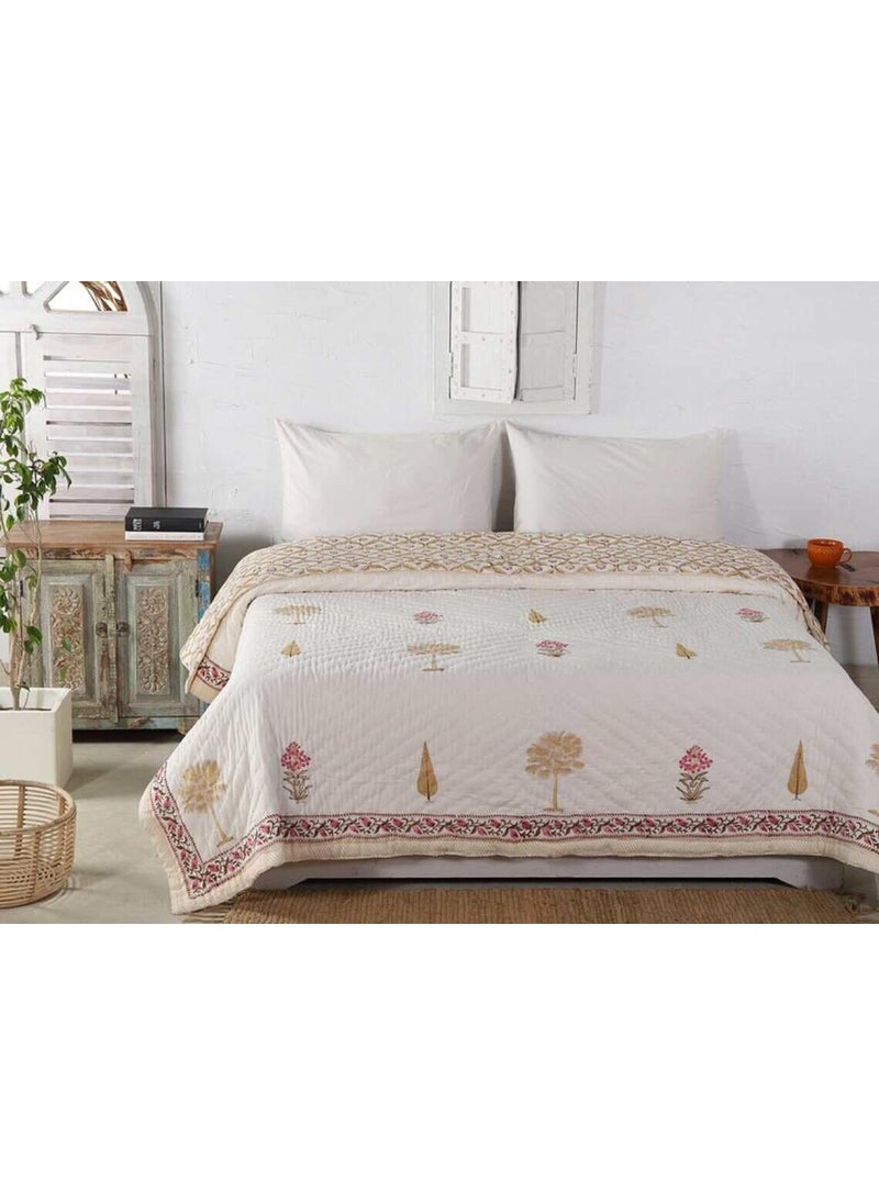 BLOCKS OF JAIPUR BLOCKS OF JAIPUR Original Pure Cotton Jaipuri Razai Hand Block Single Bed Reversible Comforter Lightweight AC Quilt Summer and Winter Bedding Throw Bed Blanket Golden Cypress Tree  - Image 2