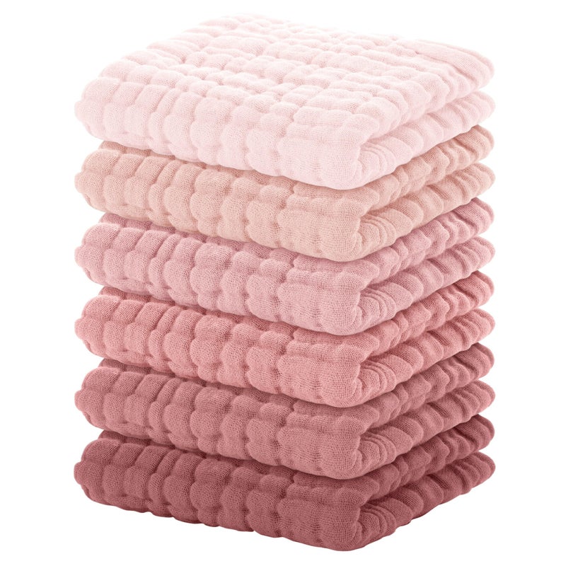 Yoofoss Muslin Baby Washcloths 100% Organic Cotton Face Towels 6 Pack Wash Cloths for Baby 12x12in Soft and Absorbent Baby Wipes (Gradient Pink) - Image 1