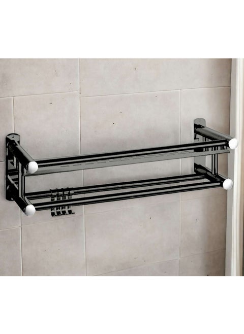 Washroom Rack Towel Hanger Wall Hanging Space Saving Bathroom Drill Installation Stainless Steel Towel Rack Shelf Wall Mount Shelf With Hooks Black