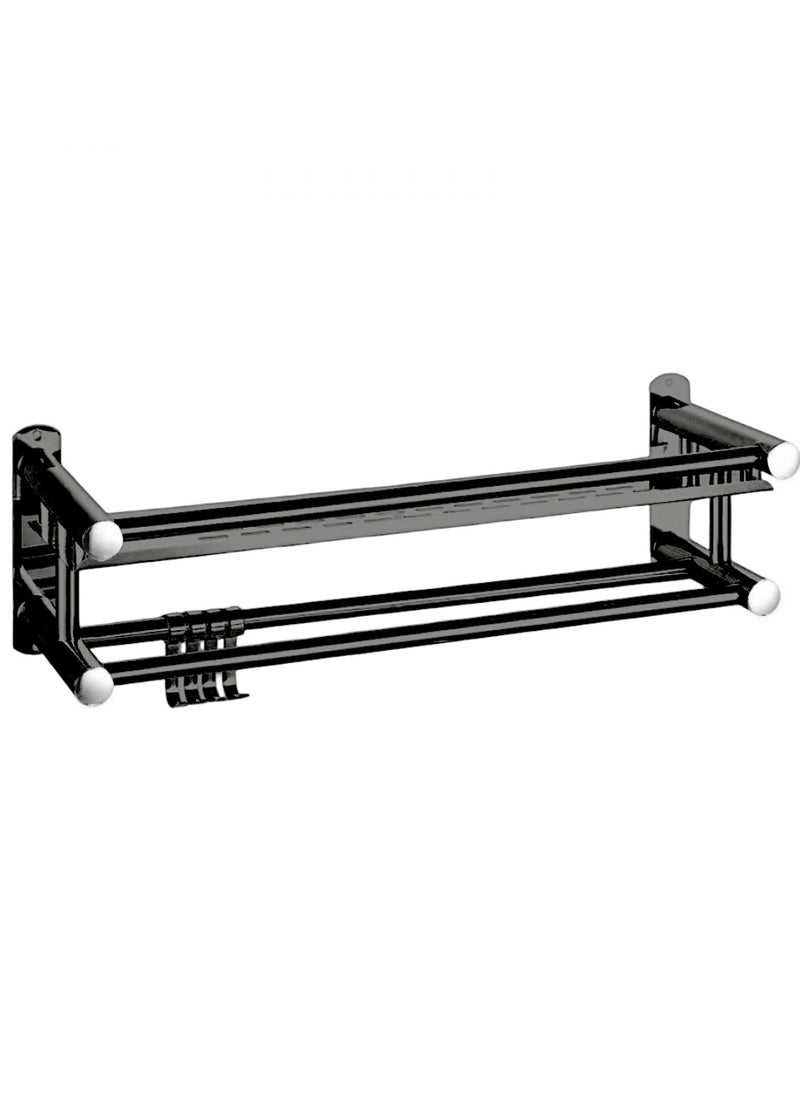 AIWANTO - Washroom Rack Towel Hanger Wall Hanging Space Saving Bathroom Drill Installation Stainless Steel Towel Rack Shelf Wall Mount Shelf With Hooks Black - Image 1