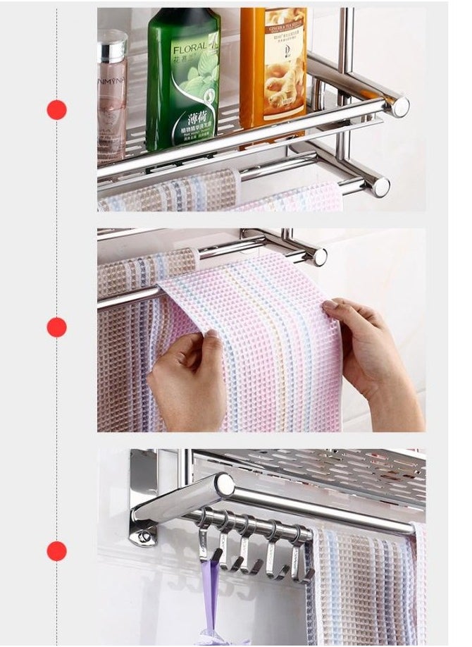 AIWANTO - Washroom Rack Towel Hanger Wall Hanging Space Saving Bathroom Drill Installation Stainless Steel Towel Rack Shelf Wall Mount Shelf With Hooks Black - Image 1