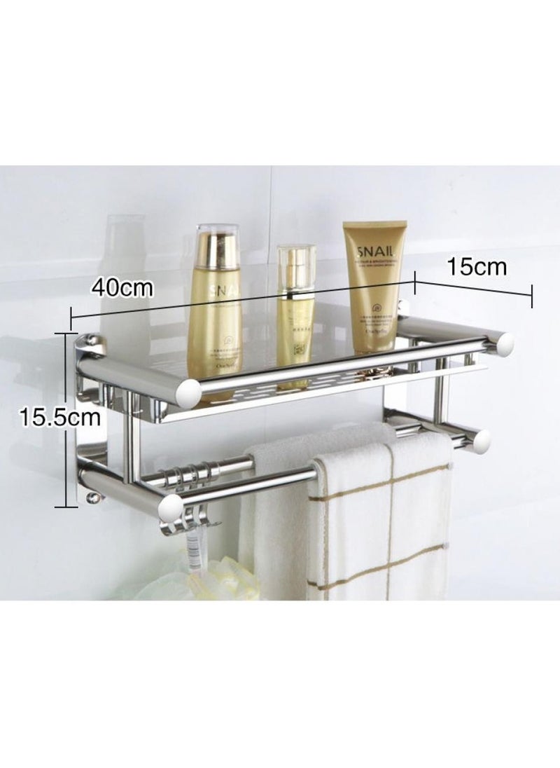 AIWANTO - Washroom Rack Towel Hanger Wall Hanging Space Saving Bathroom Drill Installation Stainless Steel Towel Rack Shelf Wall Mount Shelf With Hooks Black - Image 1