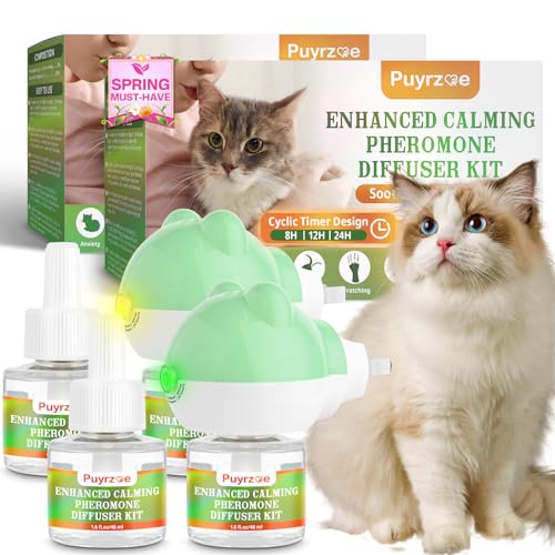 puyrzoe Cat Calming Diffuser with 3 Timing Functions, 6-in-1 Cat Pheromones Calming Diffuser Kit, 120-Day Anxiety Relief, Stress Reduction & Relaxation for All Cats (2 Diffusers + 4 Refills) - Image 1