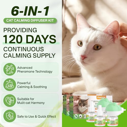 puyrzoe Cat Calming Diffuser with 3 Timing Functions, 6-in-1 Cat Pheromones Calming Diffuser Kit, 120-Day Anxiety Relief, Stress Reduction & Relaxation for All Cats (2 Diffusers + 4 Refills) - Image 5