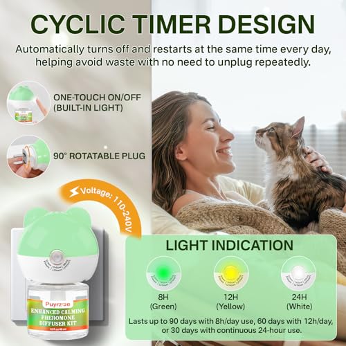 puyrzoe Cat Calming Diffuser with 3 Timing Functions, 6-in-1 Cat Pheromones Calming Diffuser Kit, 120-Day Anxiety Relief, Stress Reduction & Relaxation for All Cats (2 Diffusers + 4 Refills) - Image 2