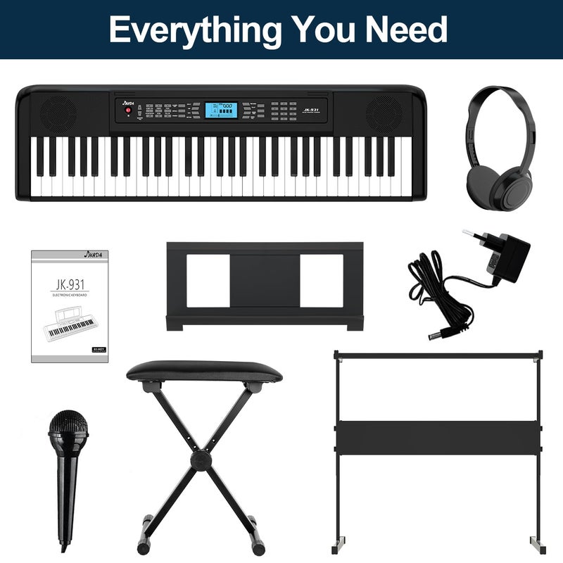 JIKADA 61 Key Keyboard Piano, Portable Electric Piano Keyboard w/LCD Screen, Built-In Speakers, Headphones, Stand, Stool, Music Rest, Microphone, 300 Timbres, 300 Rhythms - Image 5