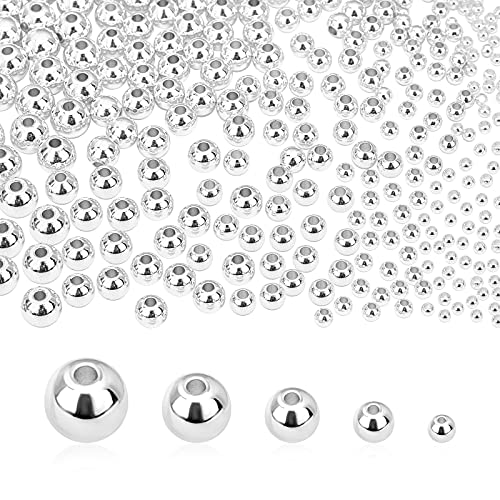 PH PandaHall 5 Sizes Smooth Round Beads 300pcs 14K Silver Plated Beads Little Round Bead Seamless Ball Bead LongLasting Spacers for Hawaii Layered Bracelet Necklace Jewelry DIY Crafts 23456mm