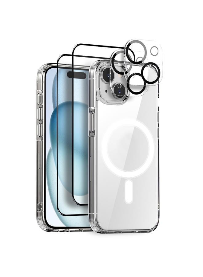 Case For iPhone 15 Plus 5 in 1 Magsafe Clear Phone Case with 2pcs Screen Film + 2pcs Rear Lens Film