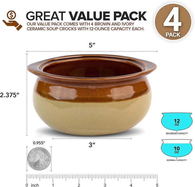 Stock Your Home Stock Your Home 12 oz French Onion Soup Crock 4 Pack TwoToned Brown  Ivory Porcelain Soup Bowls Oven Safe Soup Bowls Microwave and Dishwasher Safe Soup Crocks  - Image 2