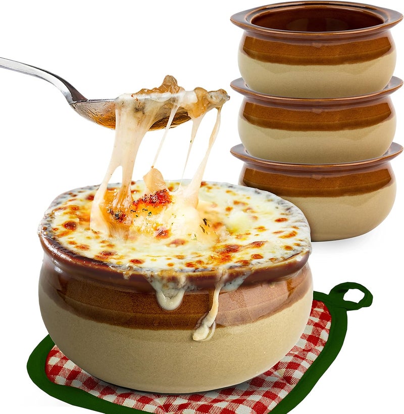 Stock Your Home Stock Your Home 12 oz French Onion Soup Crock 4 Pack TwoToned Brown  Ivory Porcelain Soup Bowls Oven Safe Soup Bowls Microwave and Dishwasher Safe Soup Crocks  - Image 1