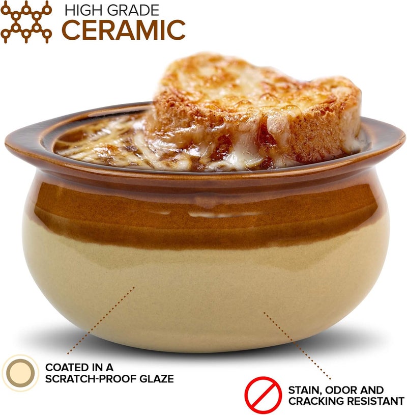 Stock Your Home Stock Your Home 12 oz French Onion Soup Crock 4 Pack TwoToned Brown  Ivory Porcelain Soup Bowls Oven Safe Soup Bowls Microwave and Dishwasher Safe Soup Crocks  - Image 4