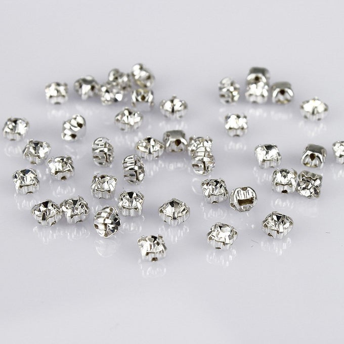 TM 100 PCS CRYSTAL RINGED SEW ON RHINESTONE CZECH GLASS WITH SILVER PLATED BRASS BASE PRONGS CUP WHITE 3 MM