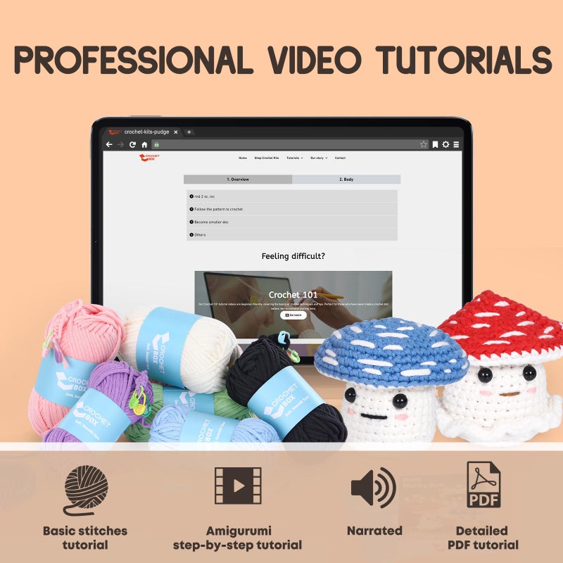 CrochetBox Crochet Kit for Beginners: 2 PCS Red & Blue Mushroom Starter Crochet Kits with Step-by-Step Video Tutorials and Yarns, Hook, Accessories, DIY Craft Gift for Adults and Teen(30%+ Yarn) - Image 4
