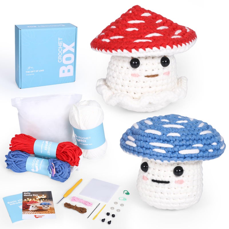 CrochetBox Crochet Kit for Beginners: 2 PCS Red & Blue Mushroom Starter Crochet Kits with Step-by-Step Video Tutorials and Yarns, Hook, Accessories, DIY Craft Gift for Adults and Teen(30%+ Yarn) - Image 1