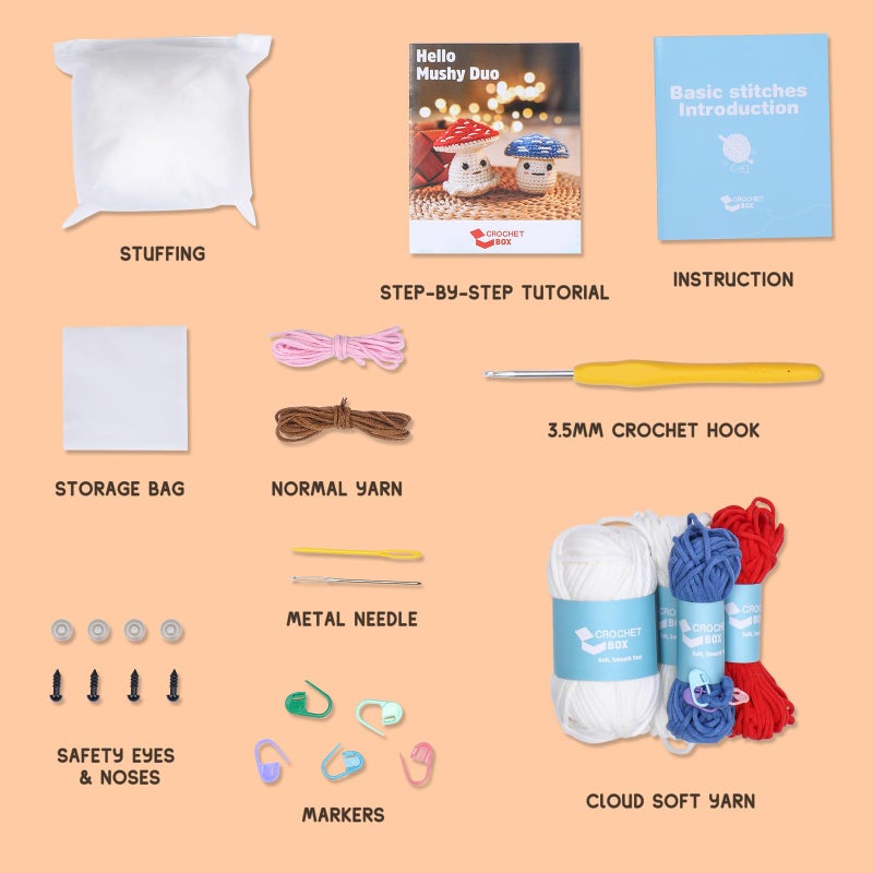 CrochetBox Crochet Kit for Beginners: 2 PCS Red & Blue Mushroom Starter Crochet Kits with Step-by-Step Video Tutorials and Yarns, Hook, Accessories, DIY Craft Gift for Adults and Teen(30%+ Yarn) - Image 3