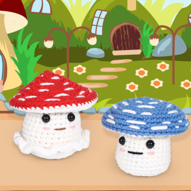 CrochetBox Crochet Kit for Beginners: 2 PCS Red & Blue Mushroom Starter Crochet Kits with Step-by-Step Video Tutorials and Yarns, Hook, Accessories, DIY Craft Gift for Adults and Teen(30%+ Yarn) - Image 2