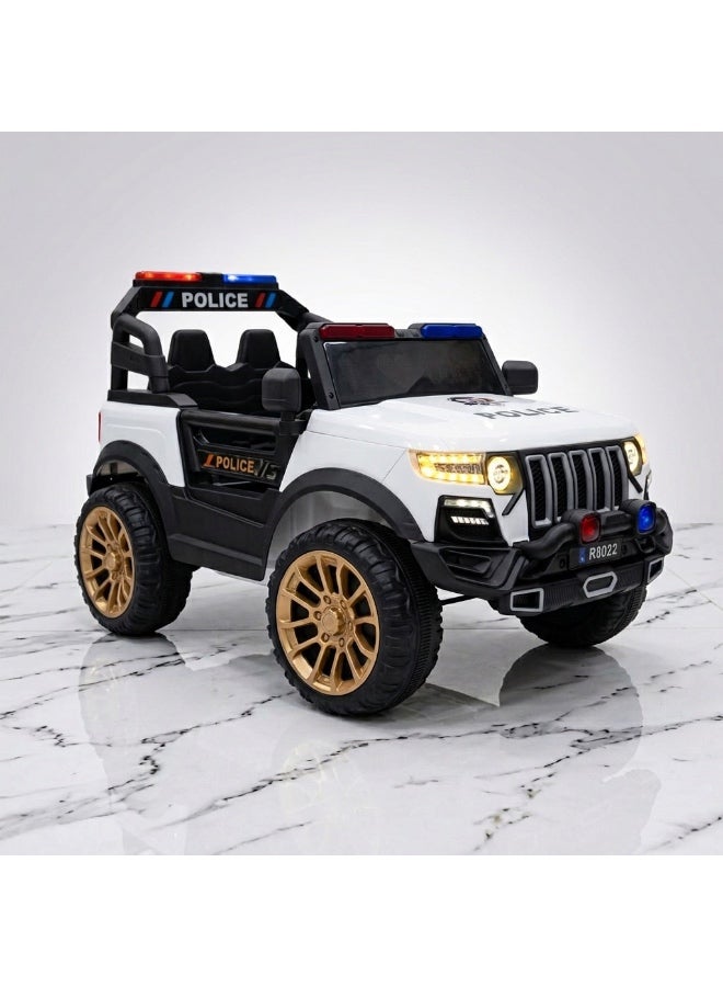 StarKids Electric police car for kids with a 12V battery system and two drive motors, equipped with a remote control and vibration feature, along with integrated sound and light effects for a realistic driving adventure. - Image 1