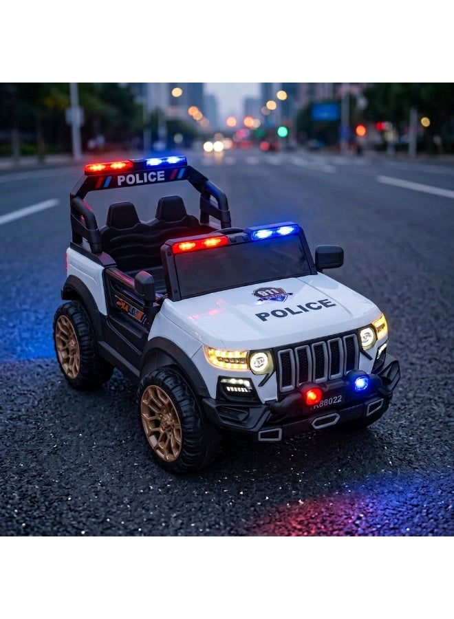 StarKids Electric police car for kids with a 12V battery system and two drive motors, equipped with a remote control and vibration feature, along with integrated sound and light effects for a realistic driving adventure. - Image 2