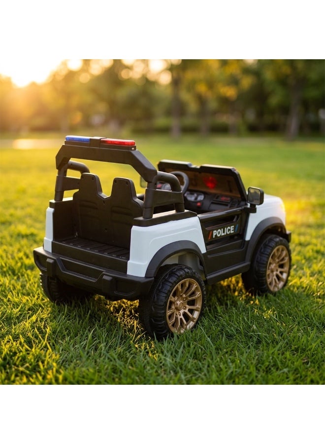 StarKids Electric police car for kids with a 12V battery system and two drive motors, equipped with a remote control and vibration feature, along with integrated sound and light effects for a realistic driving adventure. - Image 3