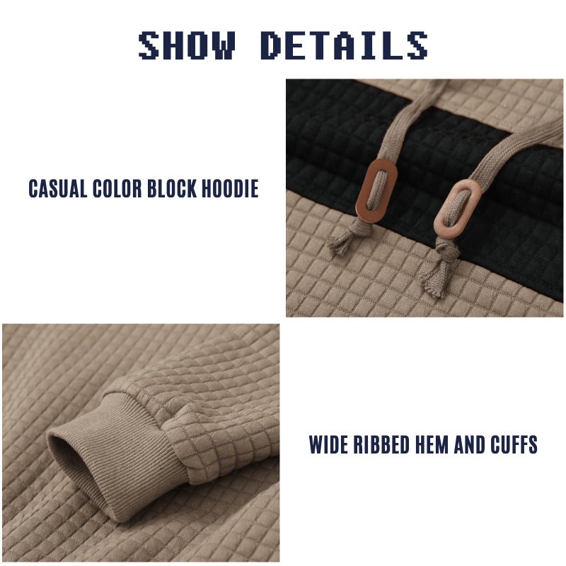 Qichic Men's Hooded Sweatshirt Casual Long Sleeve Drawstring Waffle Knit Pullover Hoodies khaki L - Image 5