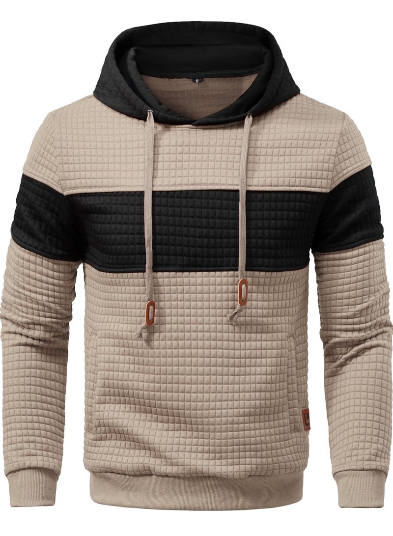 Qichic Men's Hooded Sweatshirt Casual Long Sleeve Drawstring Waffle Knit Pullover Hoodies khaki L - Image 3