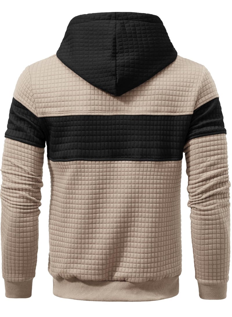 Qichic Men's Hooded Sweatshirt Casual Long Sleeve Drawstring Waffle Knit Pullover Hoodies khaki L - Image 4