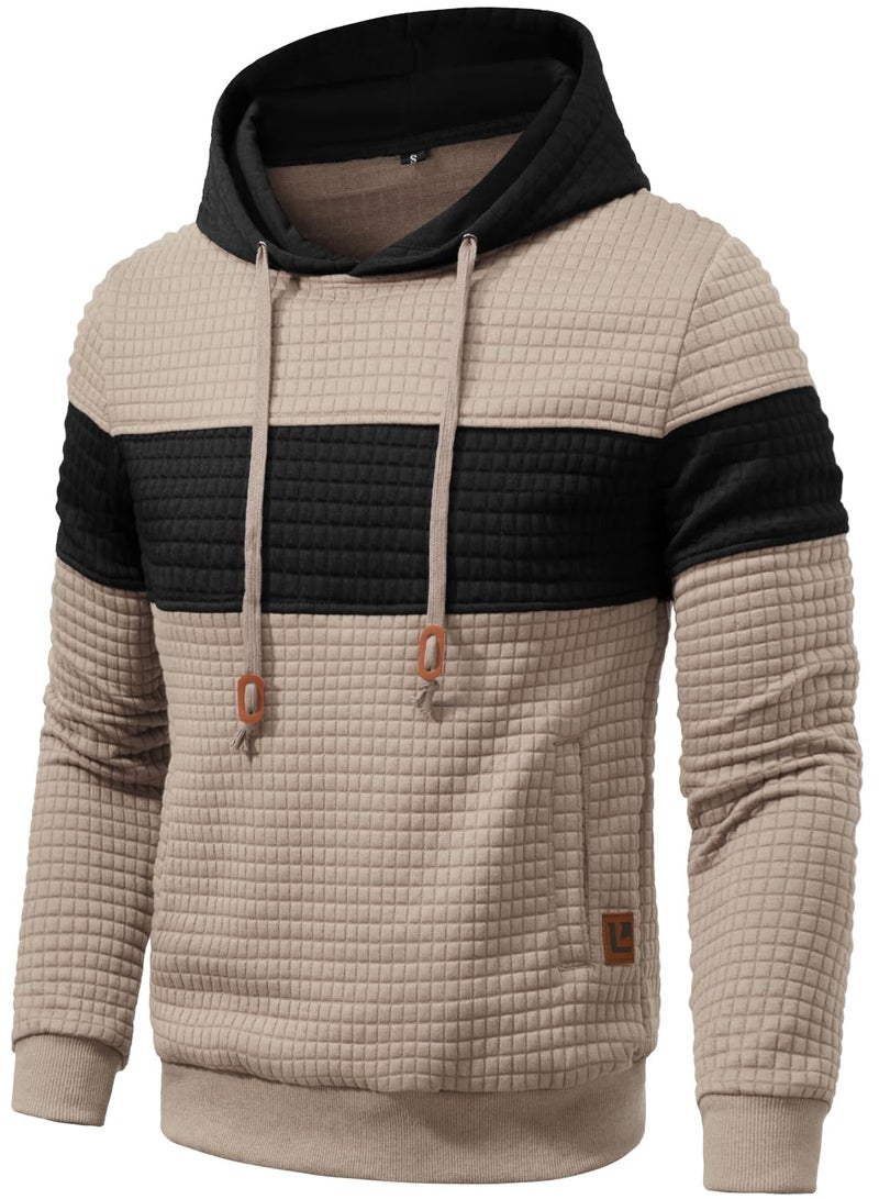 Qichic Men's Hooded Sweatshirt Casual Long Sleeve Drawstring Waffle Knit Pullover Hoodies khaki L - Image 1