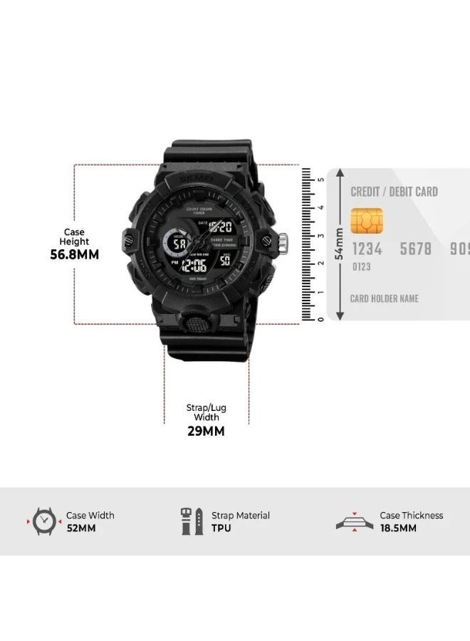 Skmei 2225 Dual Digital Sports Watch with Hands, All Black - Image 3