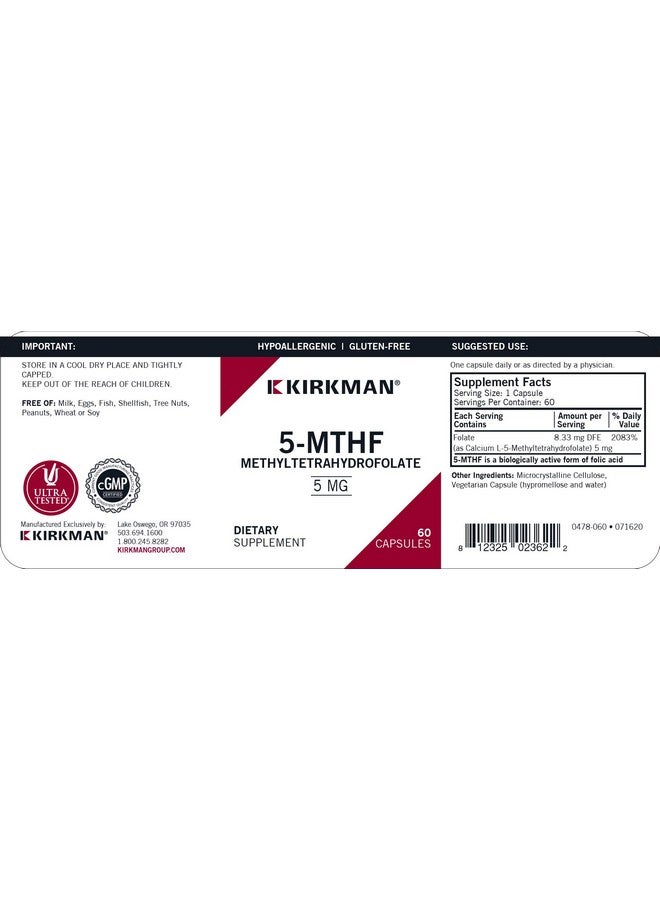 Kirkman 5-MTHF ([6S]-5-Methyltetrahydrofolate) 5 mg - Hypoallergenic | 60 Vegetarian Capsules - Image 3