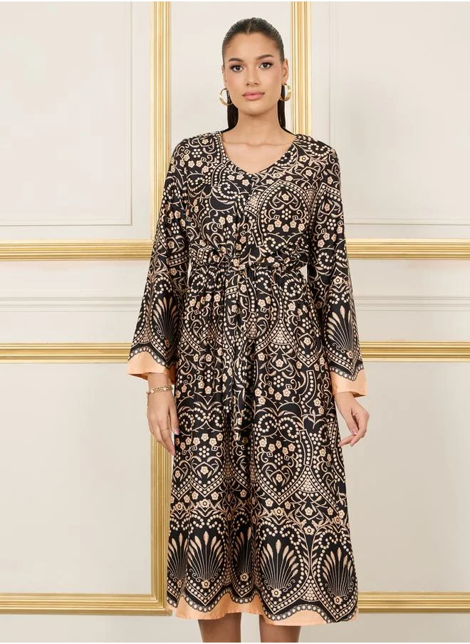 Styli Embroidered Front Tie Up Waist A-Line Midi Dress
