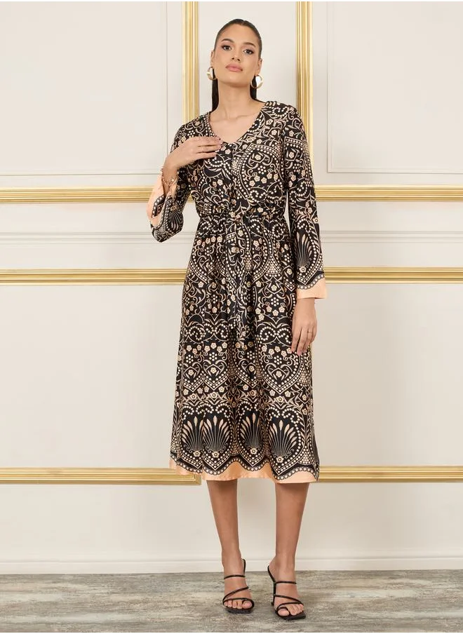 Styli Embroidered Front Tie Up Waist A-Line Midi Dress