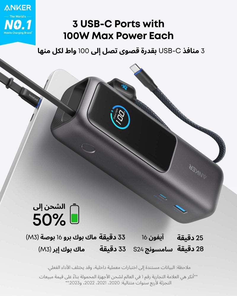 Anker 25000 mAh Power Bank, 25,000mAh 165W Ultra-Fast Portable Charger for Dual Laptops, Fast Charging Battery Pack with Built-In and Retractable Cables, For iPhone 17/16 Series, Samsung, and More Black - Image 2