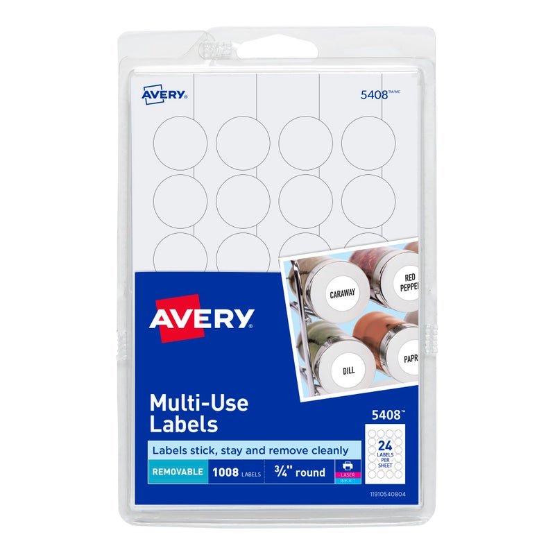Avery Removable Print or Write Labels for Laser and Inkjet Printers, 0.75 Inches, Round, Pack of 1008 (5408) - Image 1