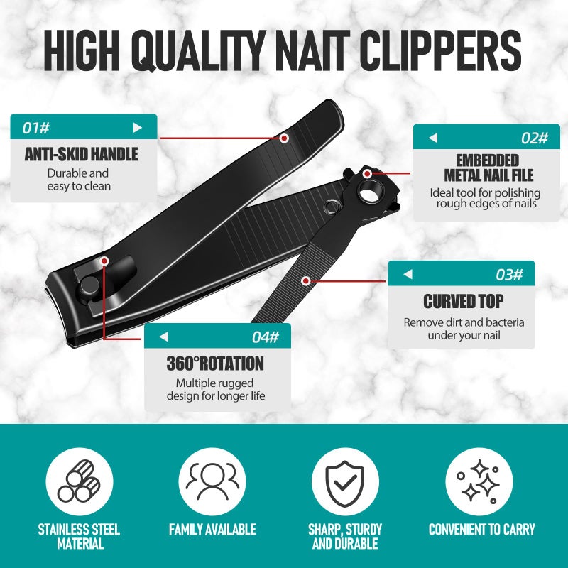 firiKer Nail Clippers Set, Heavy Duty Black Matte Stainless Steel Nail Clipper with Nail File,Fingernail and Toenail Clipper Cutters, Nail Clipper Tools Gift for Men & Women - Image 3