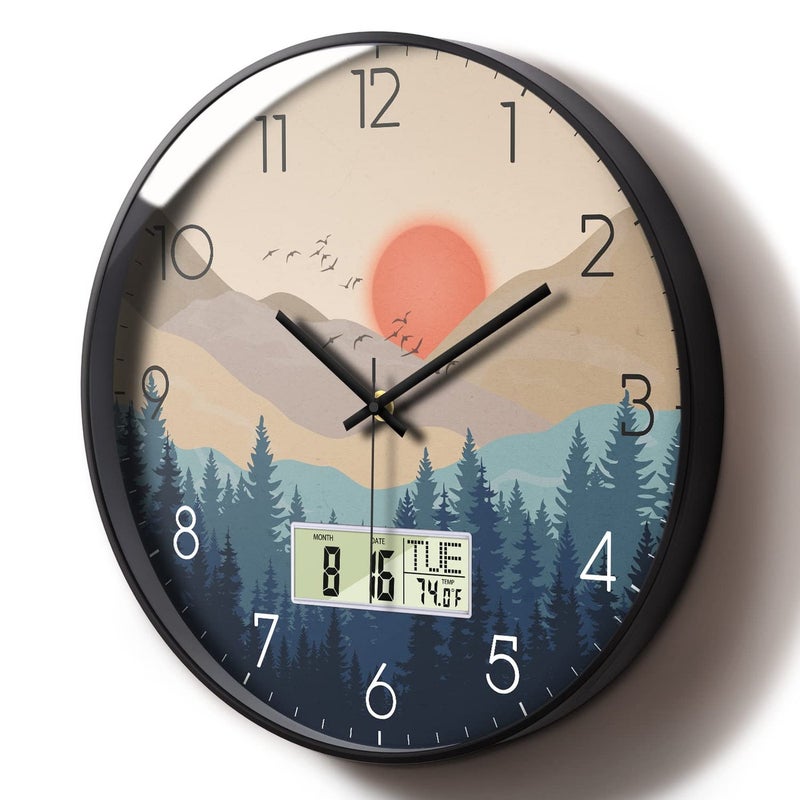 Silent Wall Clock with Day Week Temperature Wilderness with Sunset Nonticking Battery Operated Large Digital Modern Clocks Display with Calendar and Date for Kitchen Farmhouse Bathroom Office 12 Inch