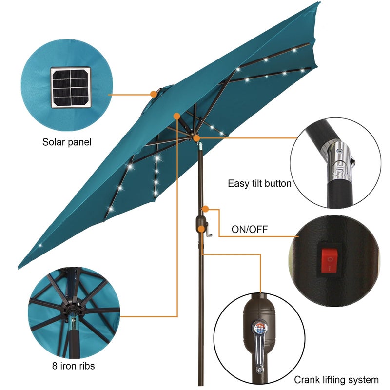 Blissun Square Patio Umbrella with 28 LED Lights, Solar Umbrella Table Market Umbrella with Tilt and Crank Outdoor Umbrella for Garden, Deck, Backyard, Pool and Beach, Cerulean - Image 3