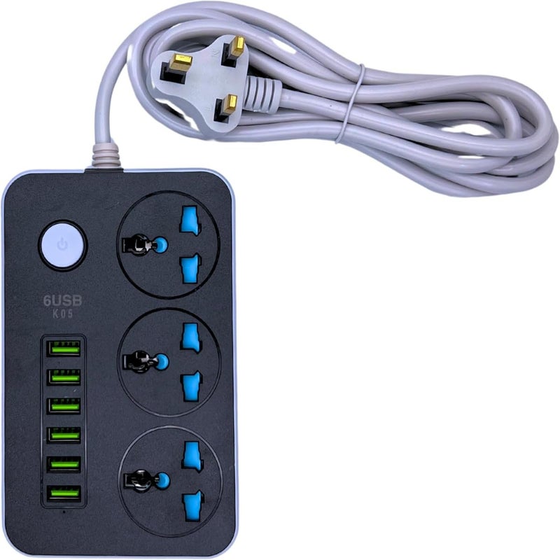 ZAMZIN Power Strip Extension Cord 3 Outlets, 6 USB Ports, 2M Heavy-Duty Wire, 3250W Surge Protection, Universal Power Socket, Fast Charging, Flame Retardant, Space-Saving Design, Safe for Home & Office - Image 5
