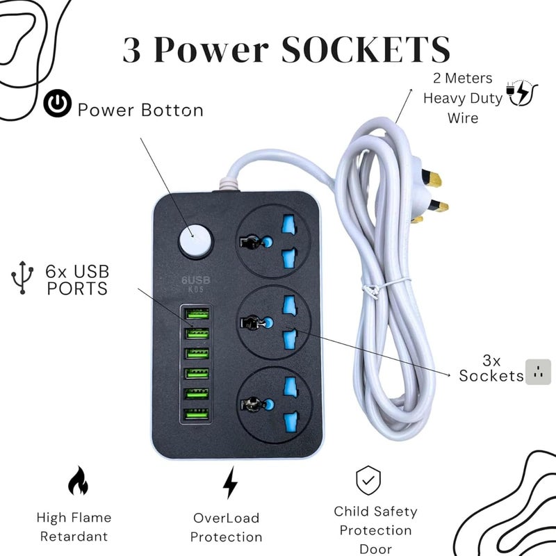 ZAMZIN Power Strip Extension Cord 3 Outlets, 6 USB Ports, 2M Heavy-Duty Wire, 3250W Surge Protection, Universal Power Socket, Fast Charging, Flame Retardant, Space-Saving Design, Safe for Home & Office - Image 4