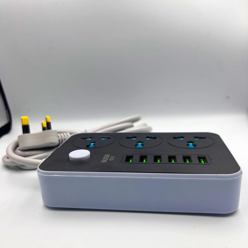 ZAMZIN Power Strip Extension Cord 3 Outlets, 6 USB Ports, 2M Heavy-Duty Wire, 3250W Surge Protection, Universal Power Socket, Fast Charging, Flame Retardant, Space-Saving Design, Safe for Home & Office - Image 2