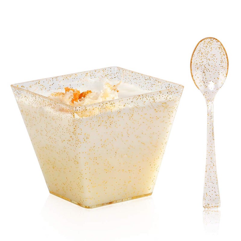 bUCLA bUCLA 100Pack Square Small Dessert Cups3oz Disposable Gold Glitter Plastic Bowls100pack Mini Tasting SpoonsGreat for Tasting Party Desserts Appetizers 