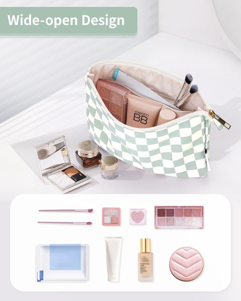 Narwey Small Makeup bag for Purse, Small Makeup Pouch for Purse Cosmetic Bag with Zipper, Cute Make up Pouch for Women Girls (Mint Green Checkerboard) - Image 2