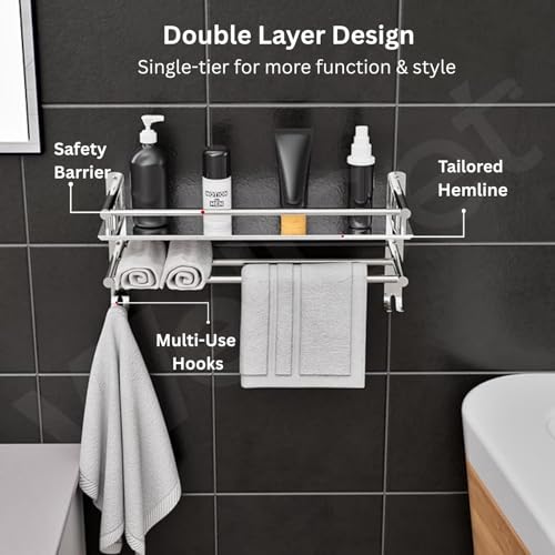 Well Set Stainless Steel Bathroom Shelf Single Layer | Wall Mount Shampoo & Bottle Holder | Multipurpose Storage Rack | Step Design | Medium Size | 40D x 40W x 5H cm - Image 3