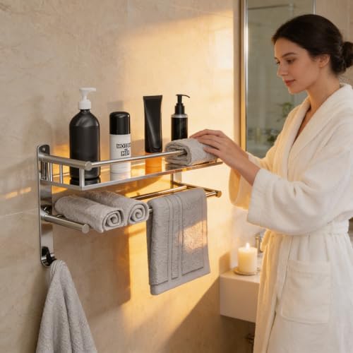 Well Set Stainless Steel Bathroom Shelf Single Layer | Wall Mount Shampoo & Bottle Holder | Multipurpose Storage Rack | Step Design | Medium Size | 40D x 40W x 5H cm - Image 1