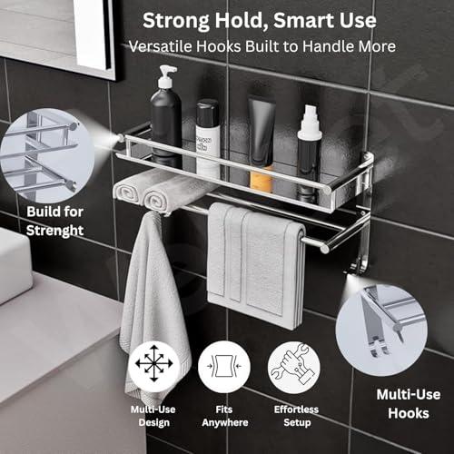 Well Set Stainless Steel Bathroom Shelf Single Layer | Wall Mount Shampoo & Bottle Holder | Multipurpose Storage Rack | Step Design | Medium Size | 40D x 40W x 5H cm - Image 4
