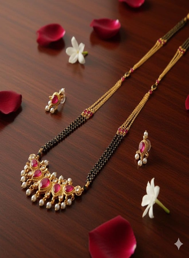 AAIKU Traditional Patti 36 Inch Gold Plated Mangalsutra for Women | Maharashtrian Long Black Beads Mangal Sutra | Micropolish Stylish Jwellery - Image 4