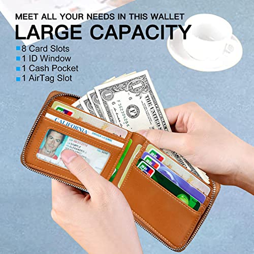 Huztencor AirTag Wallet, Mens Wallet Zipper RFID Slim Leather RFID Credit Card Wallet with Built-in Case Holder for Apple AirTag Oil Brown - Image 3